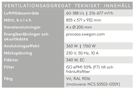 FTX Swegon Casa R7 Genius tekniskt innehåll mått specifikationer