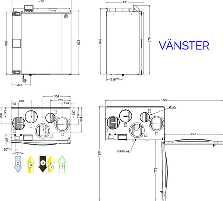 FTX Systemair SAVE VTR 350 mått och specifikationer vänsteranslutning