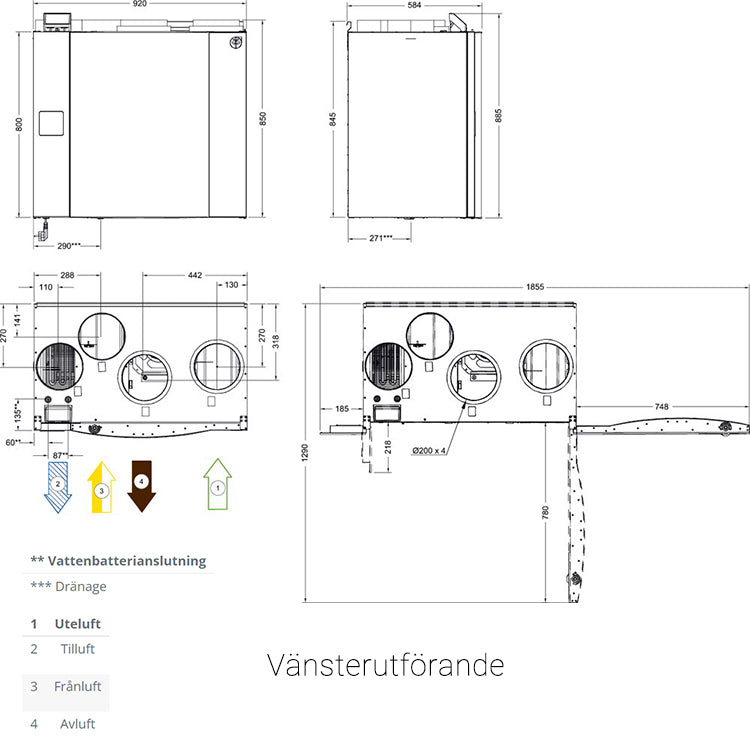 FTX Systemair SAVE VTR 500 mått och specifikationer - vänsterutförande